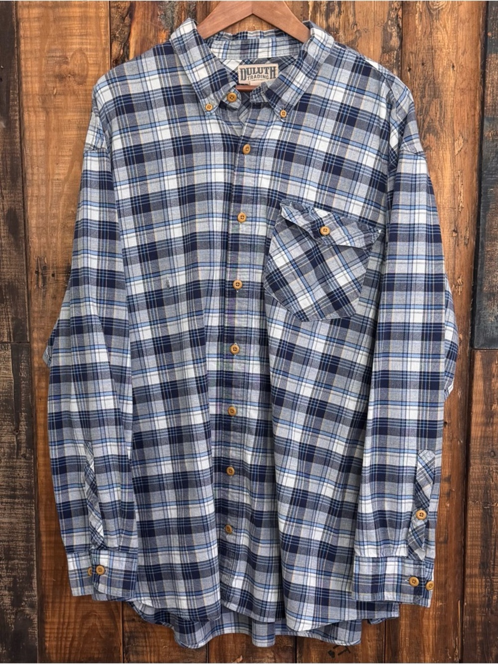 Duluth Trading Co Mens Size 2XL Tall Blue Plaid Button Shirt Flannel *flawed*